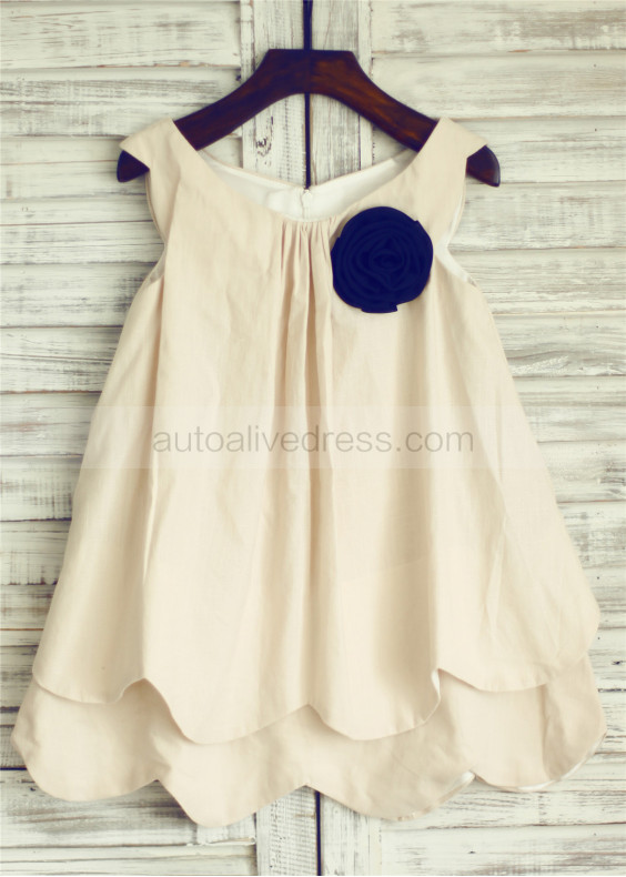 Linen Flower Girl Dress with Navy Blue Flower  Linen Flower Girl Dress with Navy Blue Flower